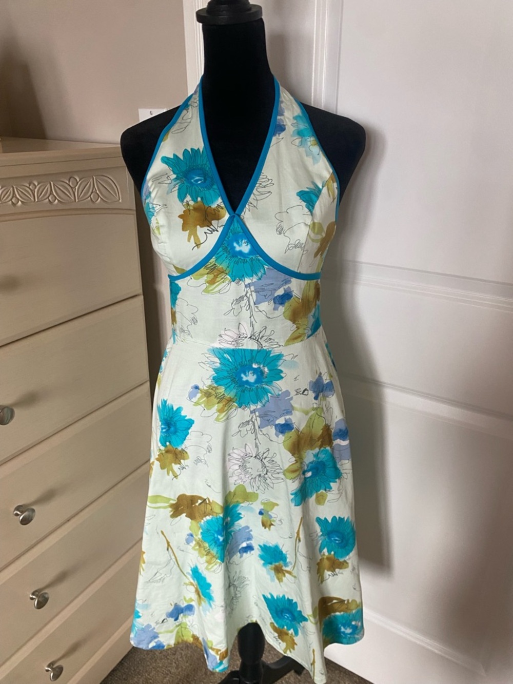 2000s Floral Halter Dress | Aqua Blue and Cream | Size 4